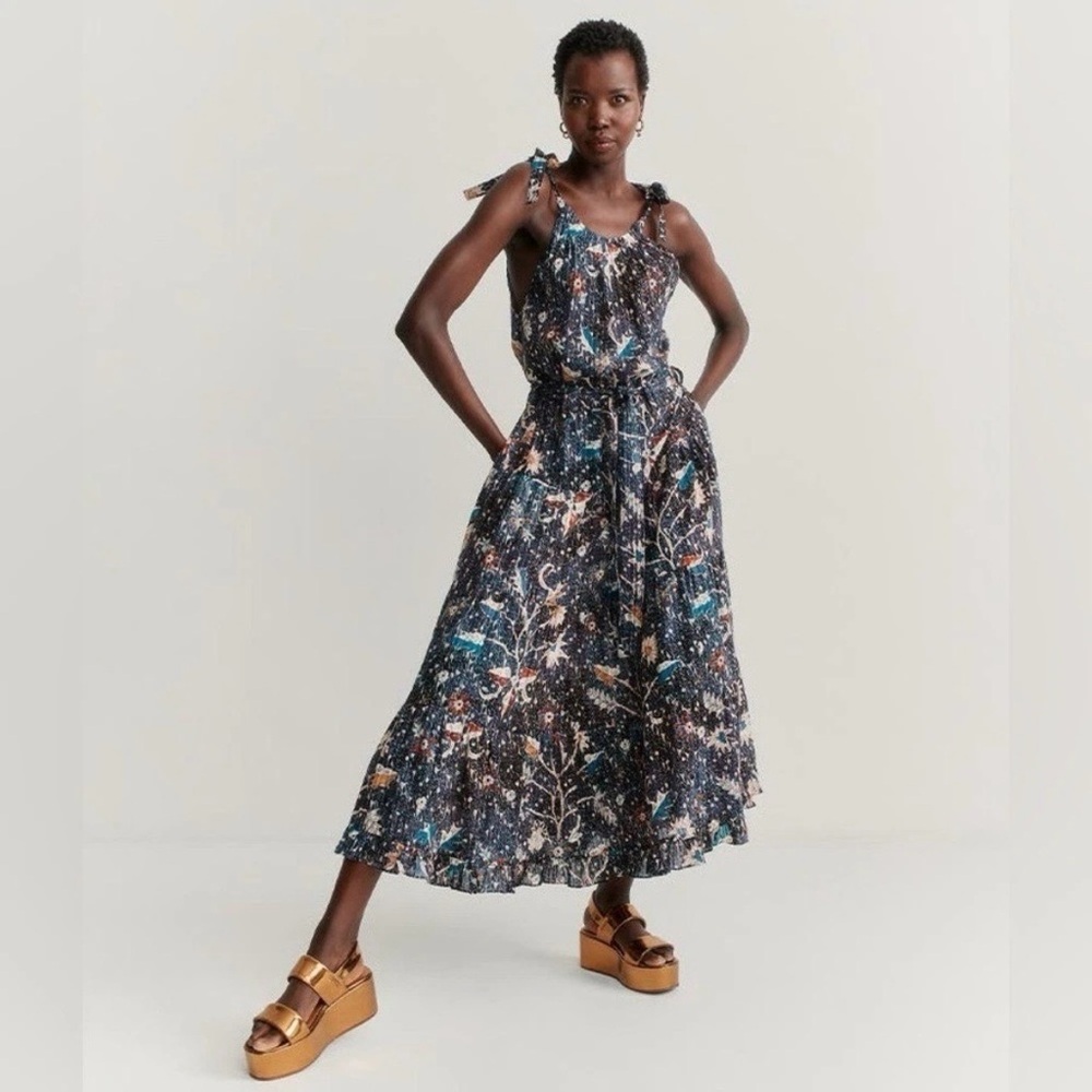 Ulla Johnson Mariam Midi Dress Floral Batik Jet Navy Blue‎ Halter Size 2 Flowy